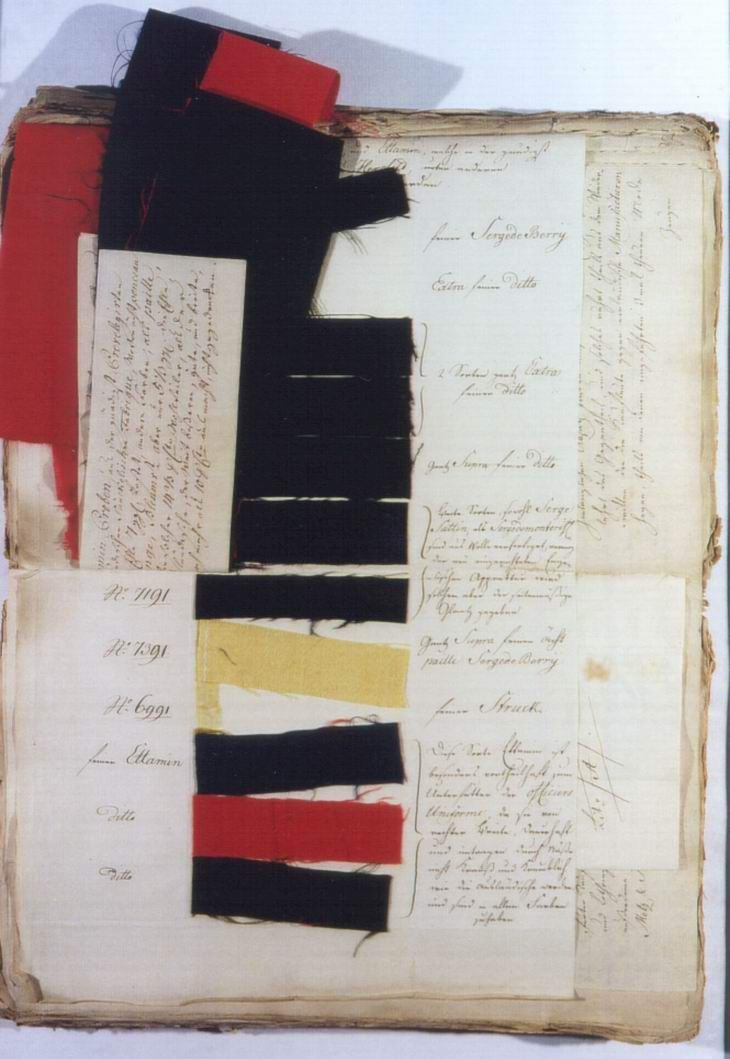 Stoffproben für Uniformen aus der Tuchfabrik Sunkel in Hersfeld, 1766-1774