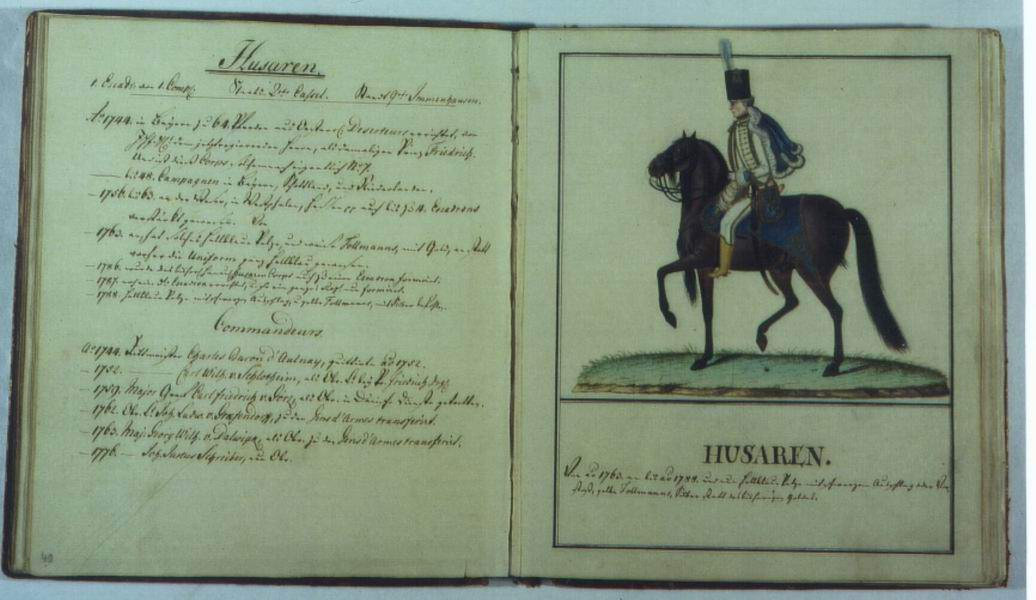 Buchhandschrift Hessen-Kasselscher Uniformen mit Handzeichnung eines Husaren, Ende 18. Jahrhundert