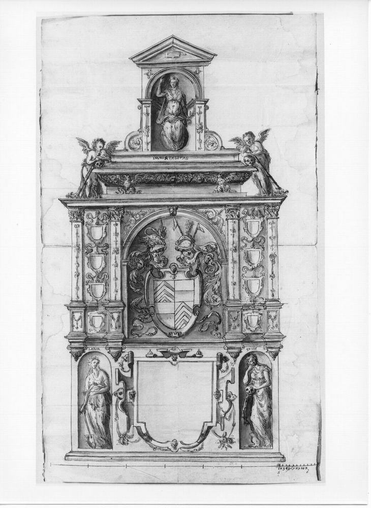 Entwurfszeichnung eines Grabmals vom Bildhauer Jacques Jonghelinck (1530-1606) aus Brüssel, 16./17. Jahrhundert