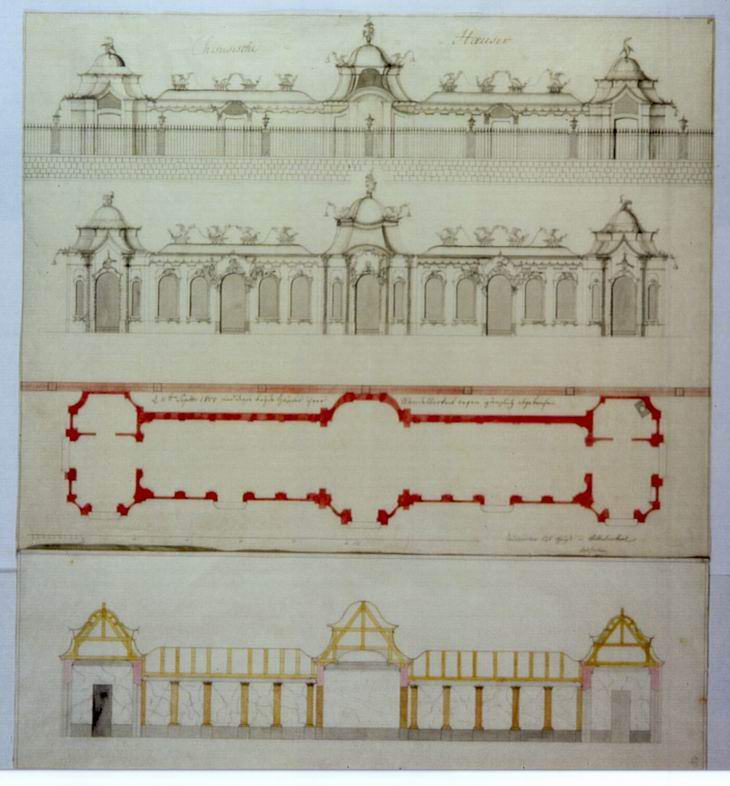 Grundriss, Aufriss und Schnitte der chinesischen Häuser im Park von Schloss Wilhelmsthal (bei Kassel), Mitte 18. Jahrhundert