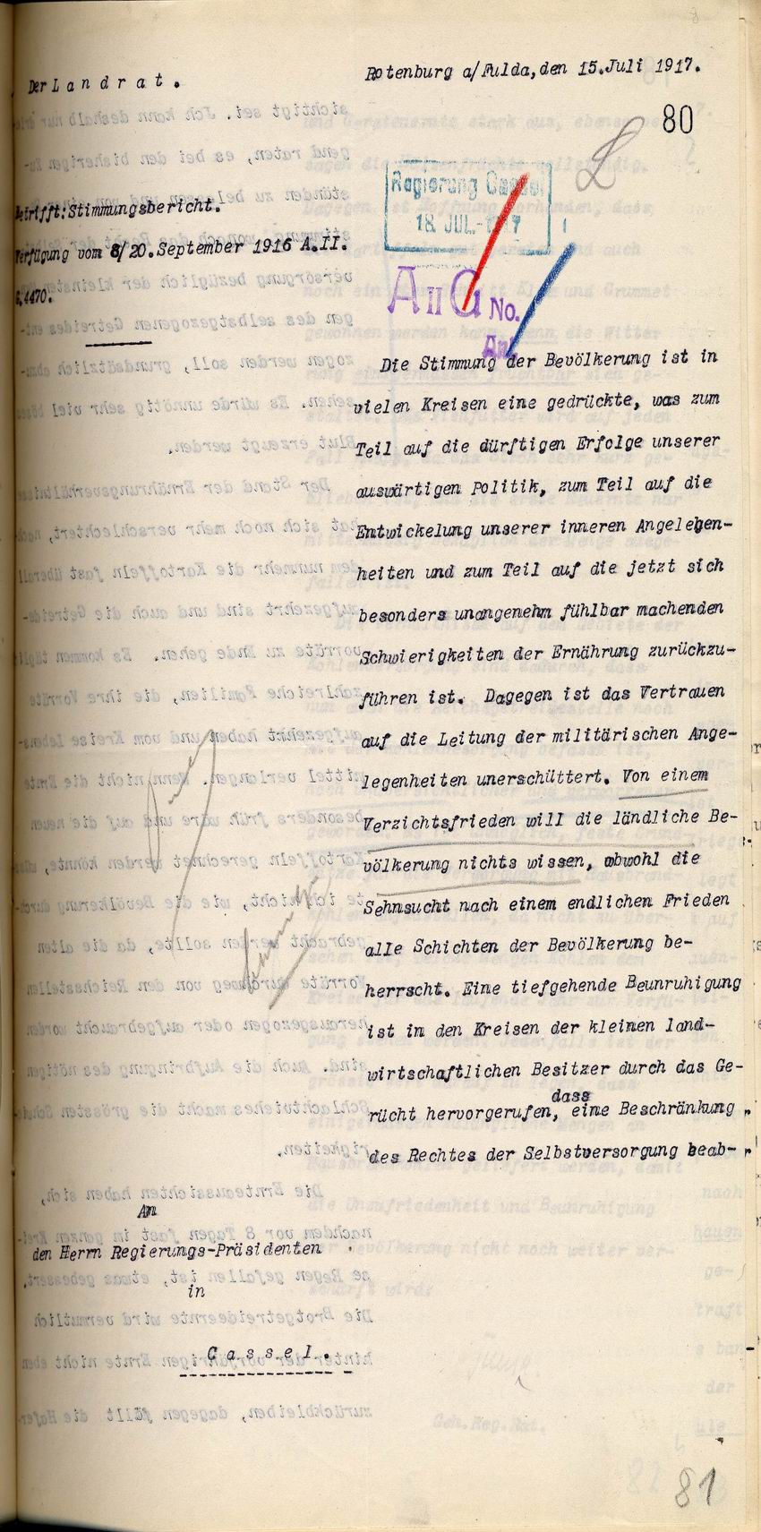 Stimmungsbericht des kgl. Landrats des Kreises Rotenburg a.d. Fulda vom 15.Juli 1917 an den Regierungspräsidenten in Cassel, betr. Verfügung vom 8/20. September 1916