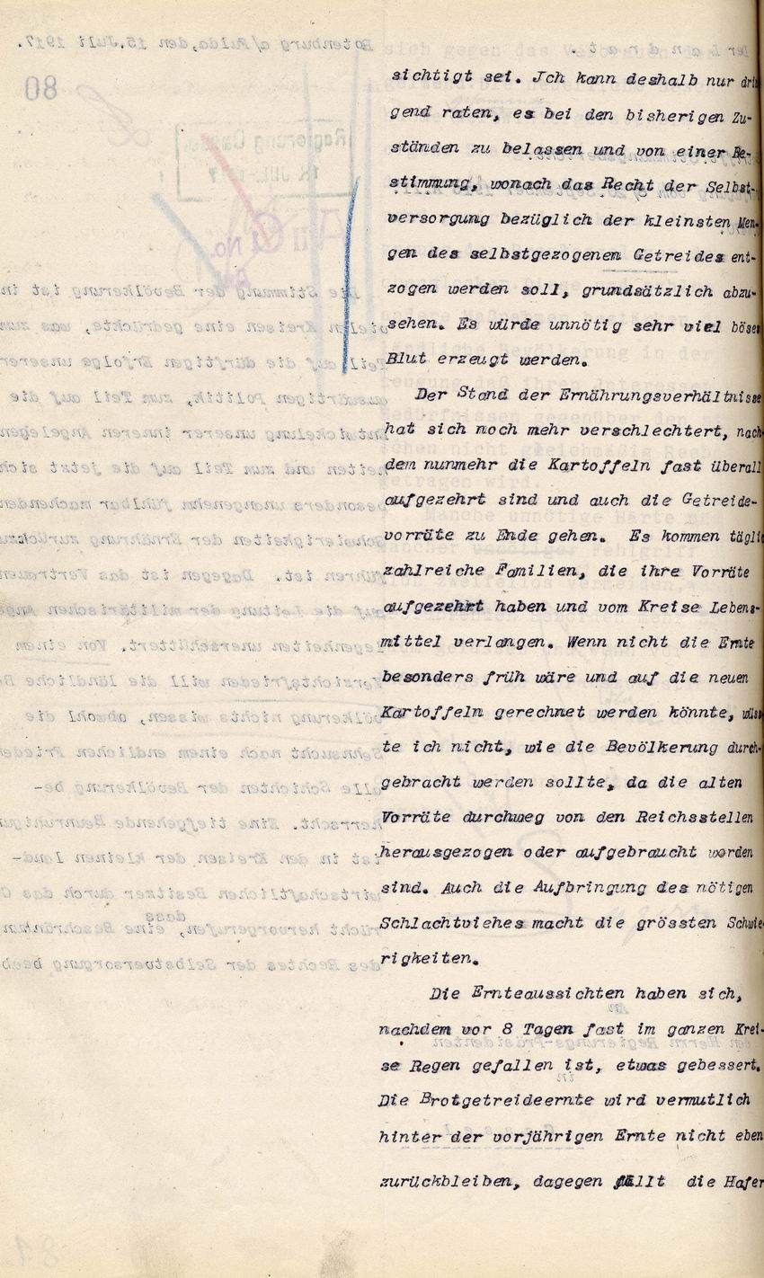 Stimmungsbericht des kgl. Landrats des Kreises Rotenburg a.d. Fulda vom 15.Juli 1917 an den Regierungspräsidenten in Cassel, betr. Verfügung vom 8/20. September 1916
