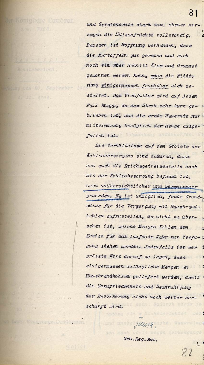 Stimmungsbericht des kgl. Landrats des Kreises Rotenburg a.d. Fulda vom 15.Juli 1917 an den Regierungspräsidenten in Cassel, betr. Verfügung vom 8/20. September 1916