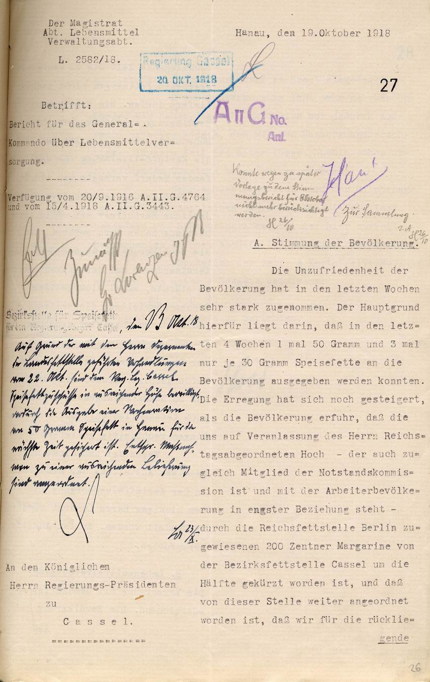 Bericht des Magistrats Hanau für das Generalkommando über Lebensmitteversorgung vom 19.10.1918