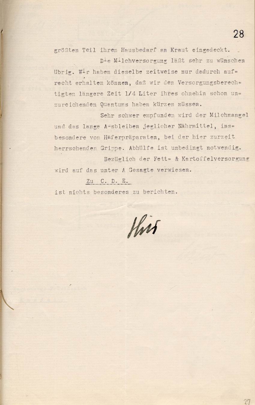 Bericht des Magistrats Hanau für das Generalkommando über Lebensmitteversorgung vom 19.10.1918