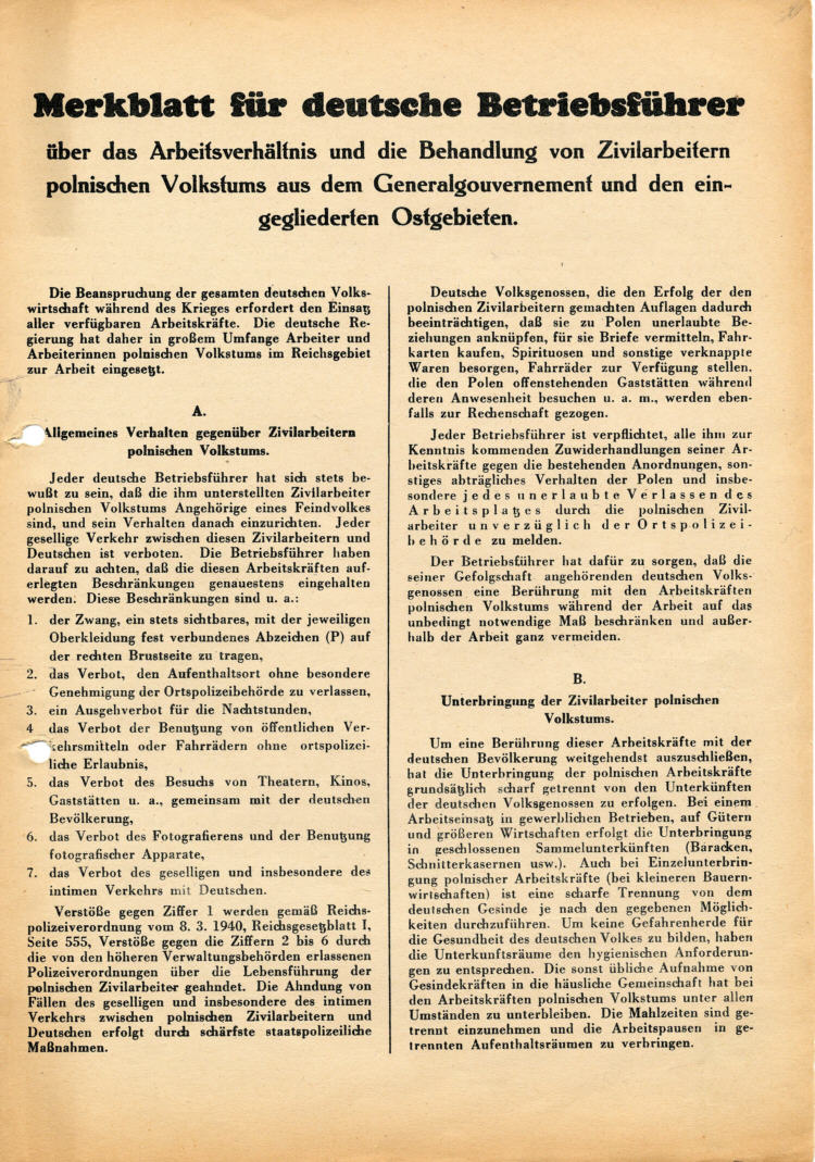 Merkblatt für deutsche Betriebsführer über das Arbeitsverhältnis und die Behandlung von Zivilarbeitern polnischen Volkstums aus dem Generalgouvernement und den eingegliederten Ostgebieten