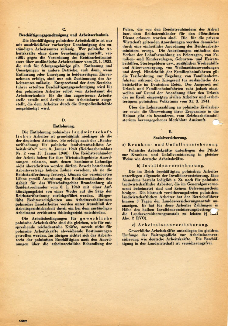 Merkblatt für deutsche Betriebsführer über das Arbeitsverhältnis und die Behandlung von Zivilarbeitern polnischen Volkstums aus dem Generalgouvernement und den eingegliederten Ostgebieten