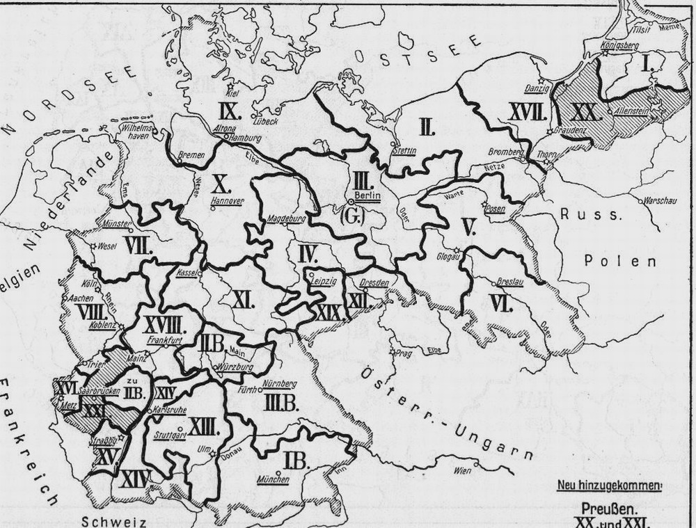 Karte: Armeekorpsbezirke der Stellvertretenden Generalkommandos im Ersten Weltkrieg 1914-1918