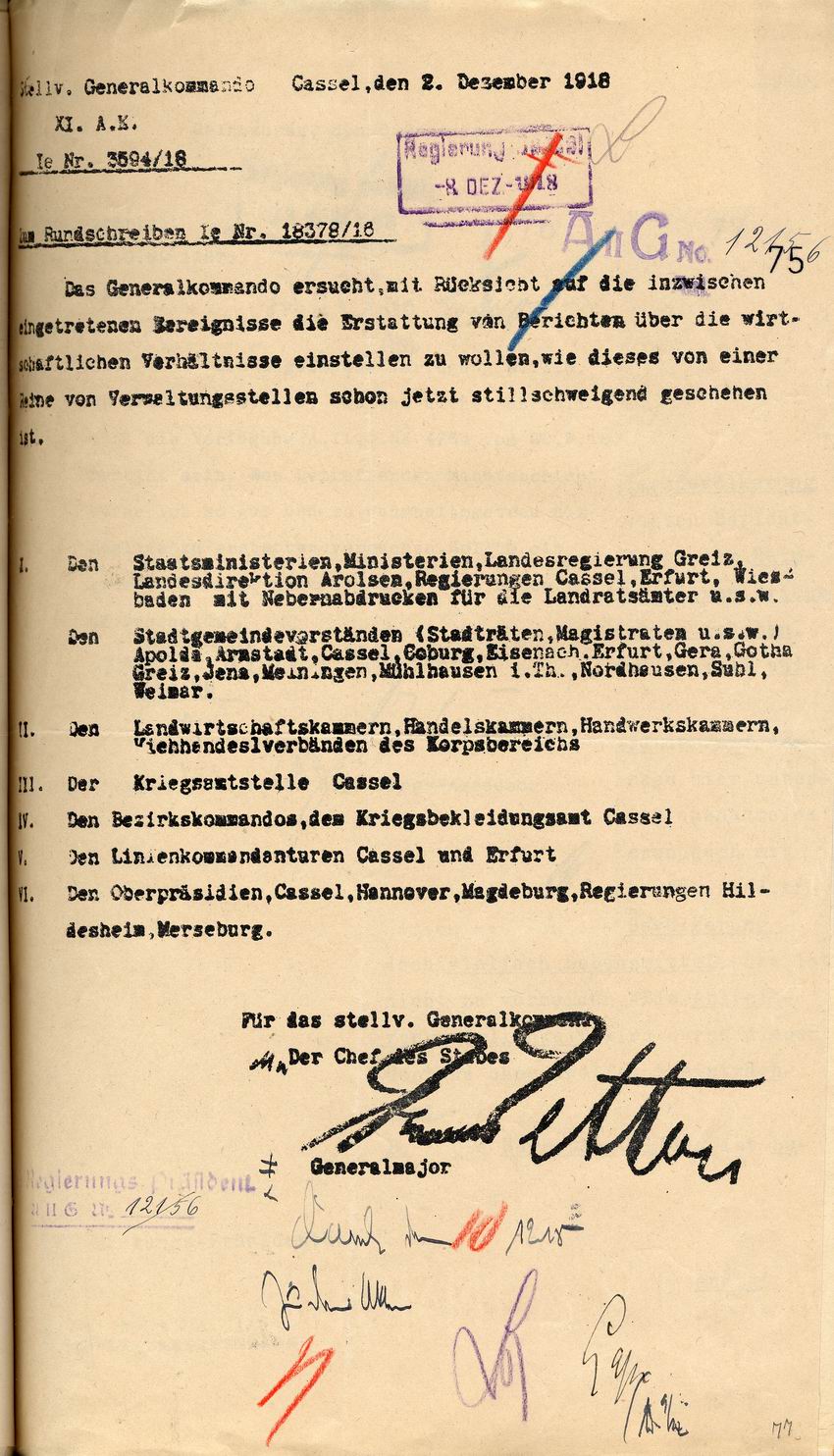Rundschreiben des Stellv. Generalkommando des XI. Armeekorps Kassel betr. Einstellung der Berichterstattung vom 2. Dezember 1918