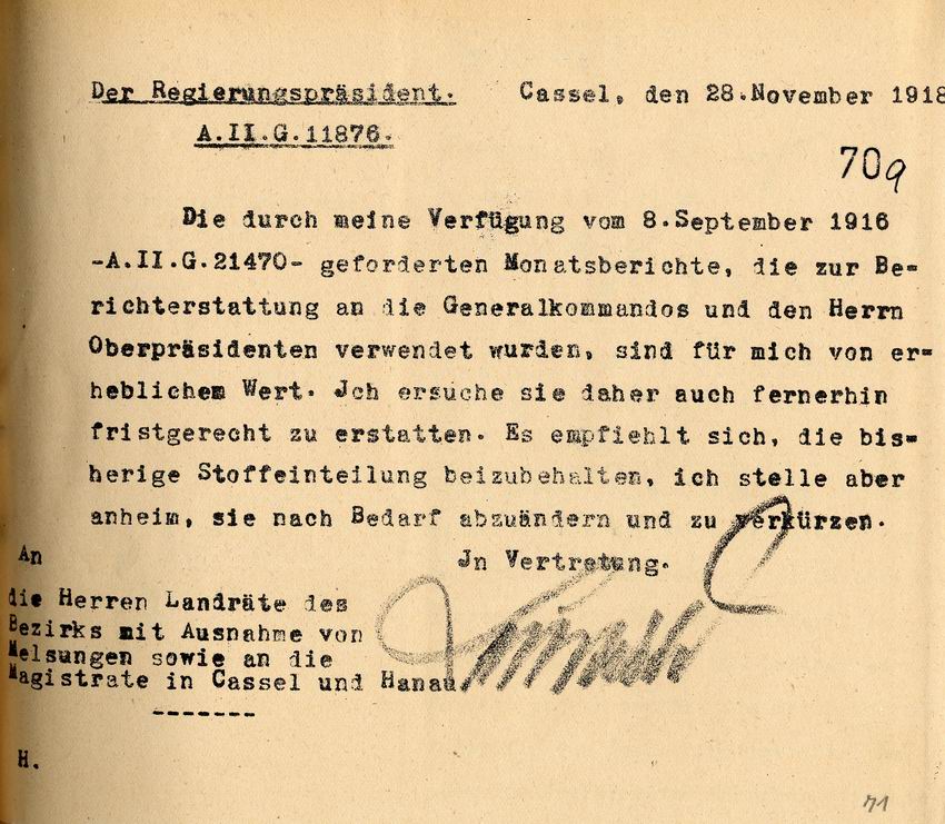 Der Regierungspräsident Kassel ersucht die Landräte des Regierungsbezirks um eine Fortsetzung der monatlichen Berichterstattung, 28. November 1918