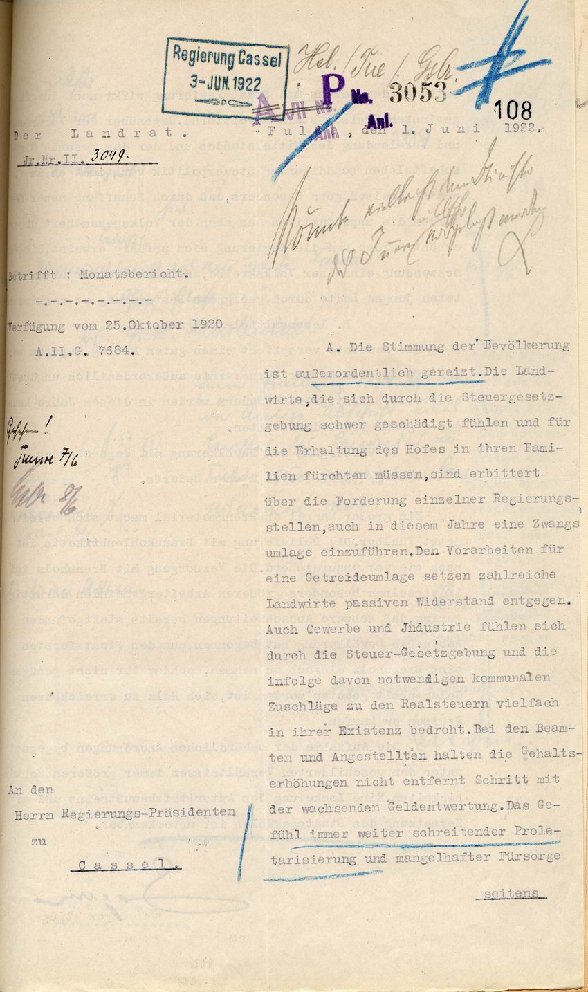 Bericht aus Fulda über die Stimmung und soziale Situation der Bevölkerung vom 1. Juni 1922
