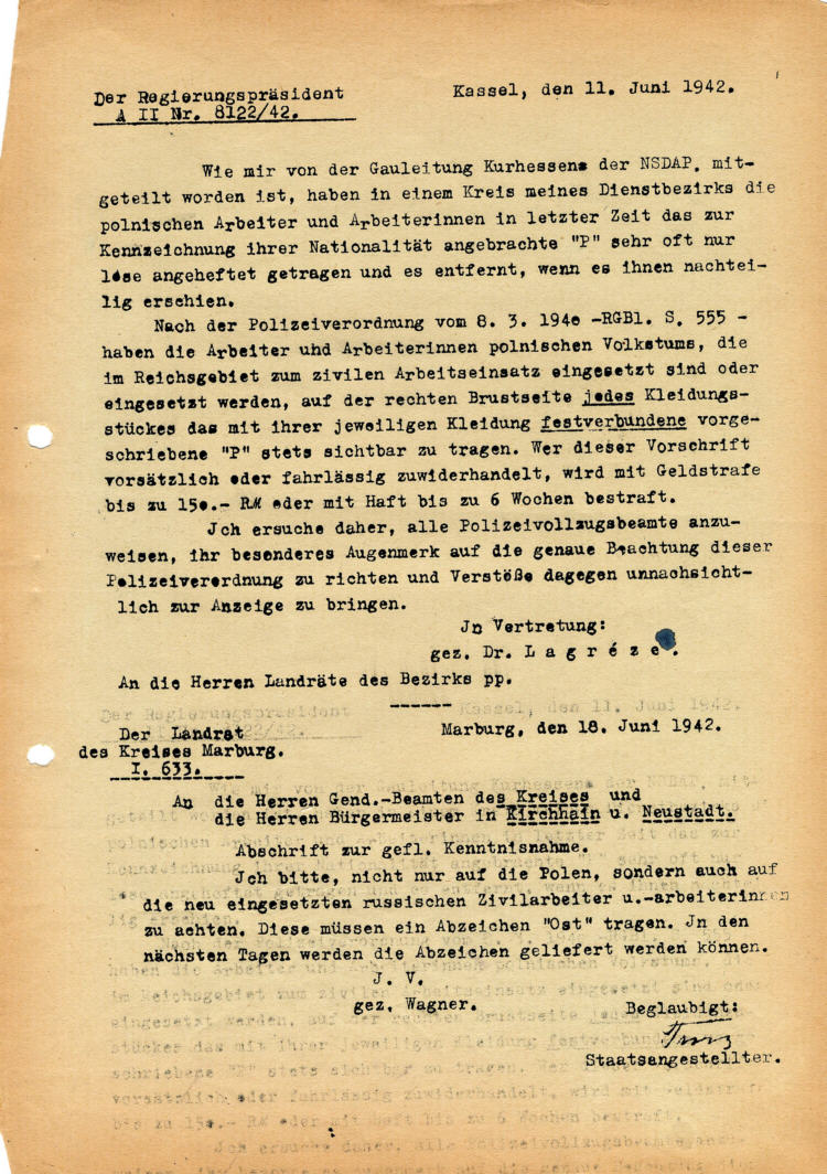 Der Regierungspräsident Kassel an die Landräte des Bezirks: Tragen des Abzeichen „Ost“ P