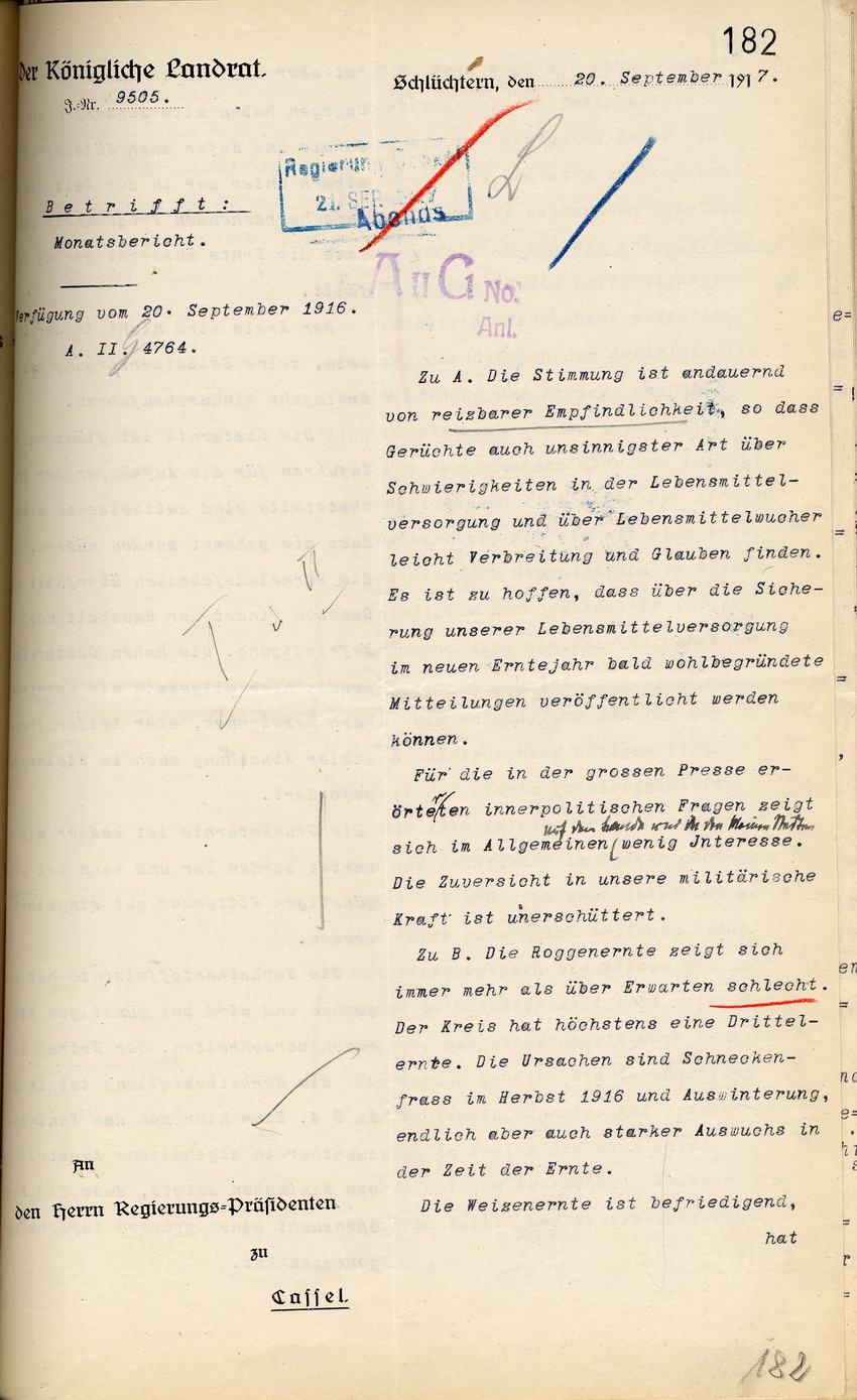 Monatsbericht des Kgl. Landrat in Schlüchtern an den Regierungspräsidenten zu Cassel betr. politische Stimmungslage, 20. September 1917