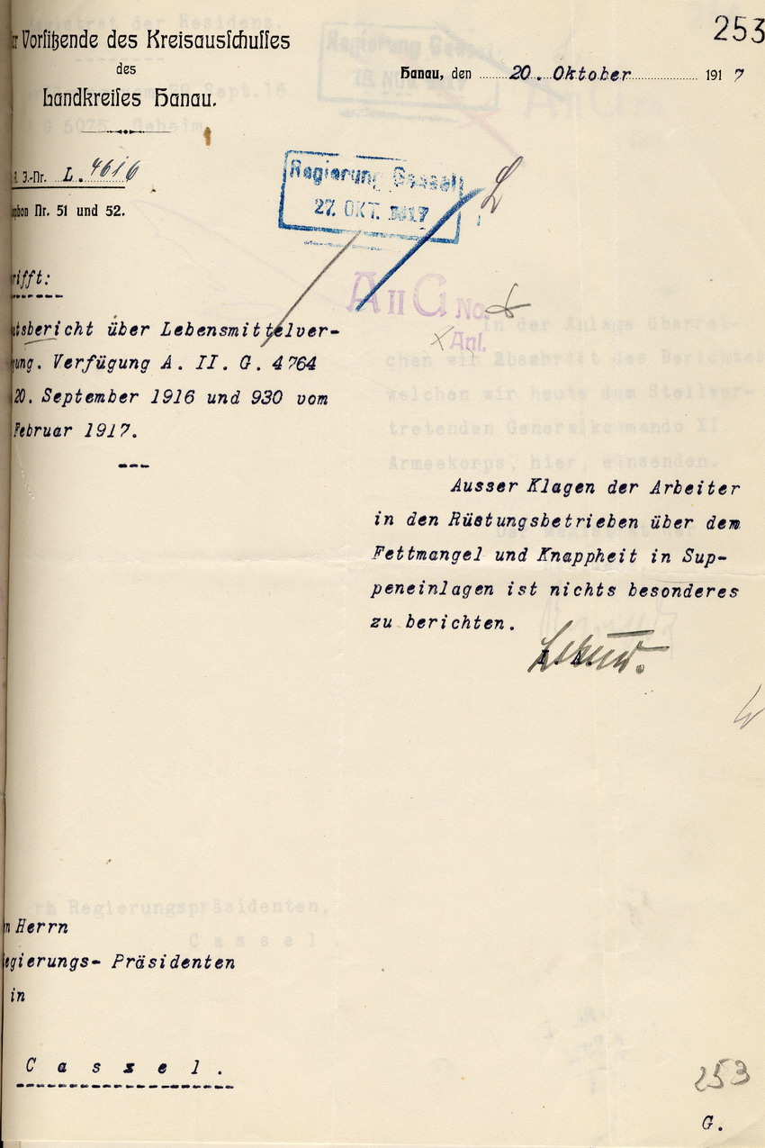 Monatsbericht über die Lebensmittelversorgung des Vorsitzenden des Kreisausschusses des Landkreises Hanau an den Regierungspräsidenten zu Cassel, 20. Oktober 1917.