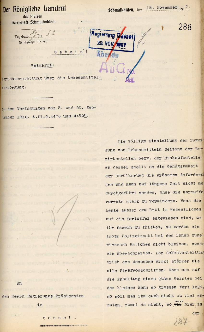 Bericht über die Lebensmittelversorgung des Kgl. Landrates des Kreises Herrschaft Schmalkalden an den Regierungspräsidenten zu Cassel, 18. November 1917.