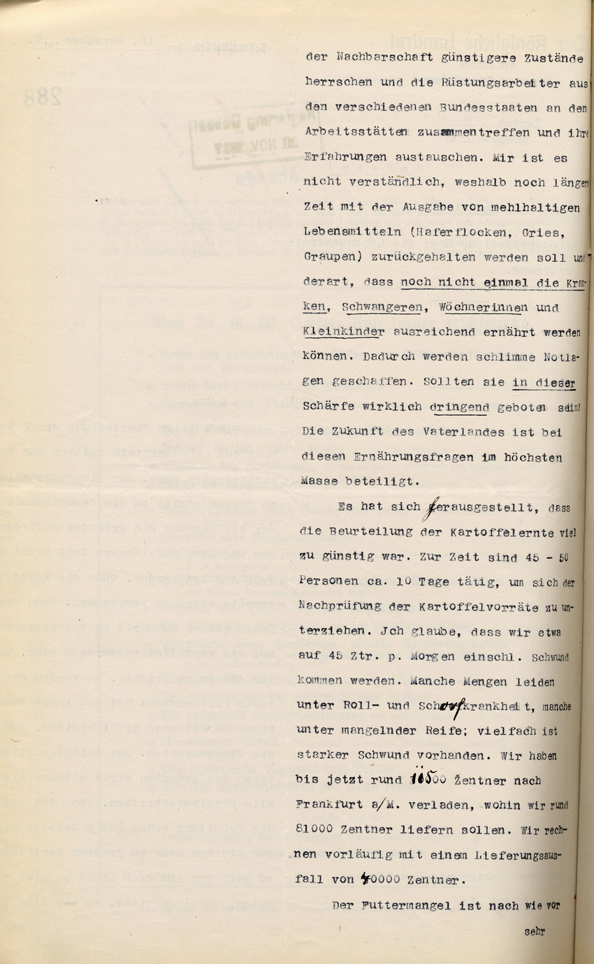 Bericht über die Lebensmittelversorgung des Kgl. Landrates des Kreises Herrschaft Schmalkalden an den Regierungspräsidenten zu Cassel, 18. November 1917.