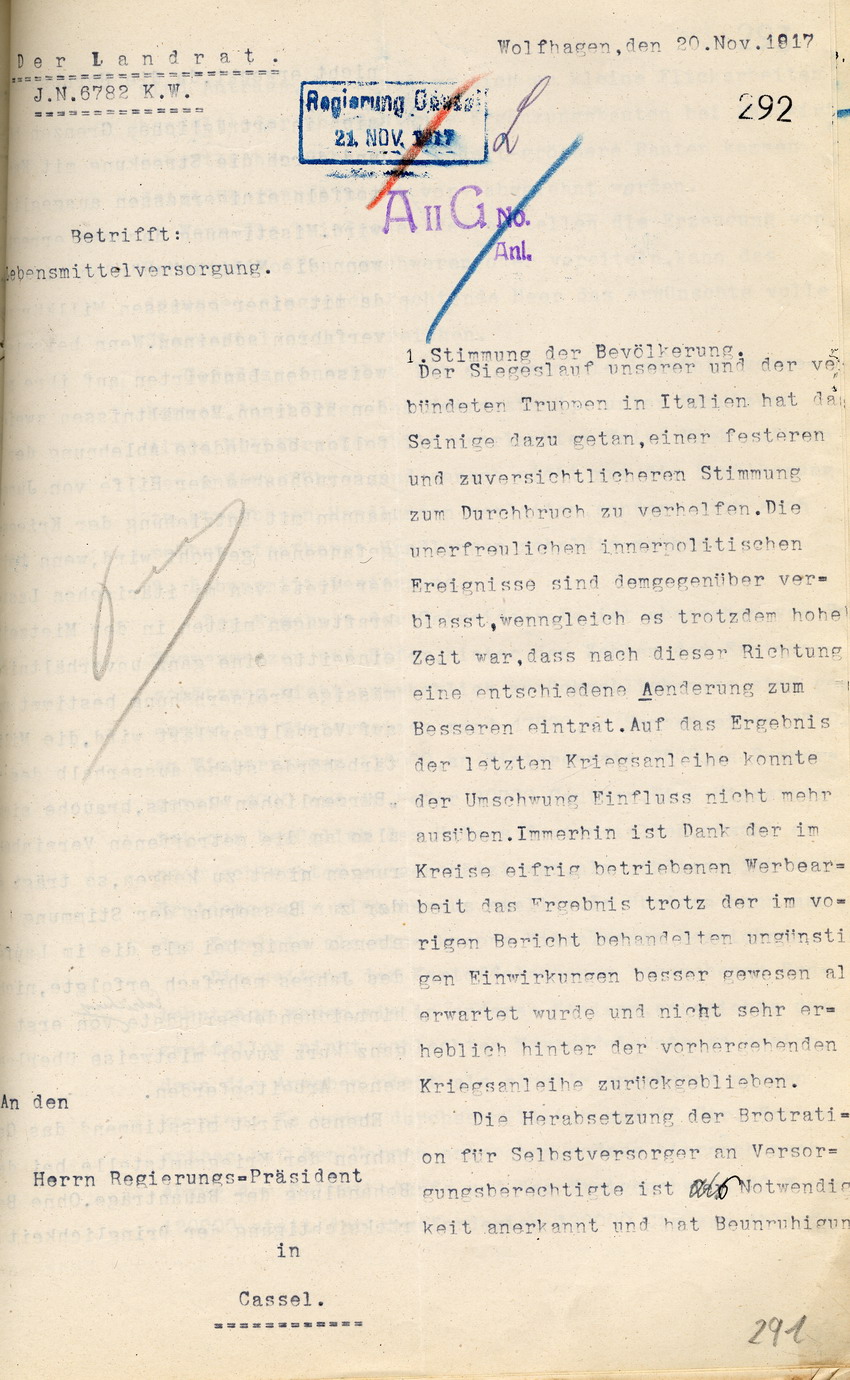 Bericht über die Lebensmittelversorgung des Landrates von Wolfhagen an den Regierungspräsidenten zu Cassel, 20. November 1917.