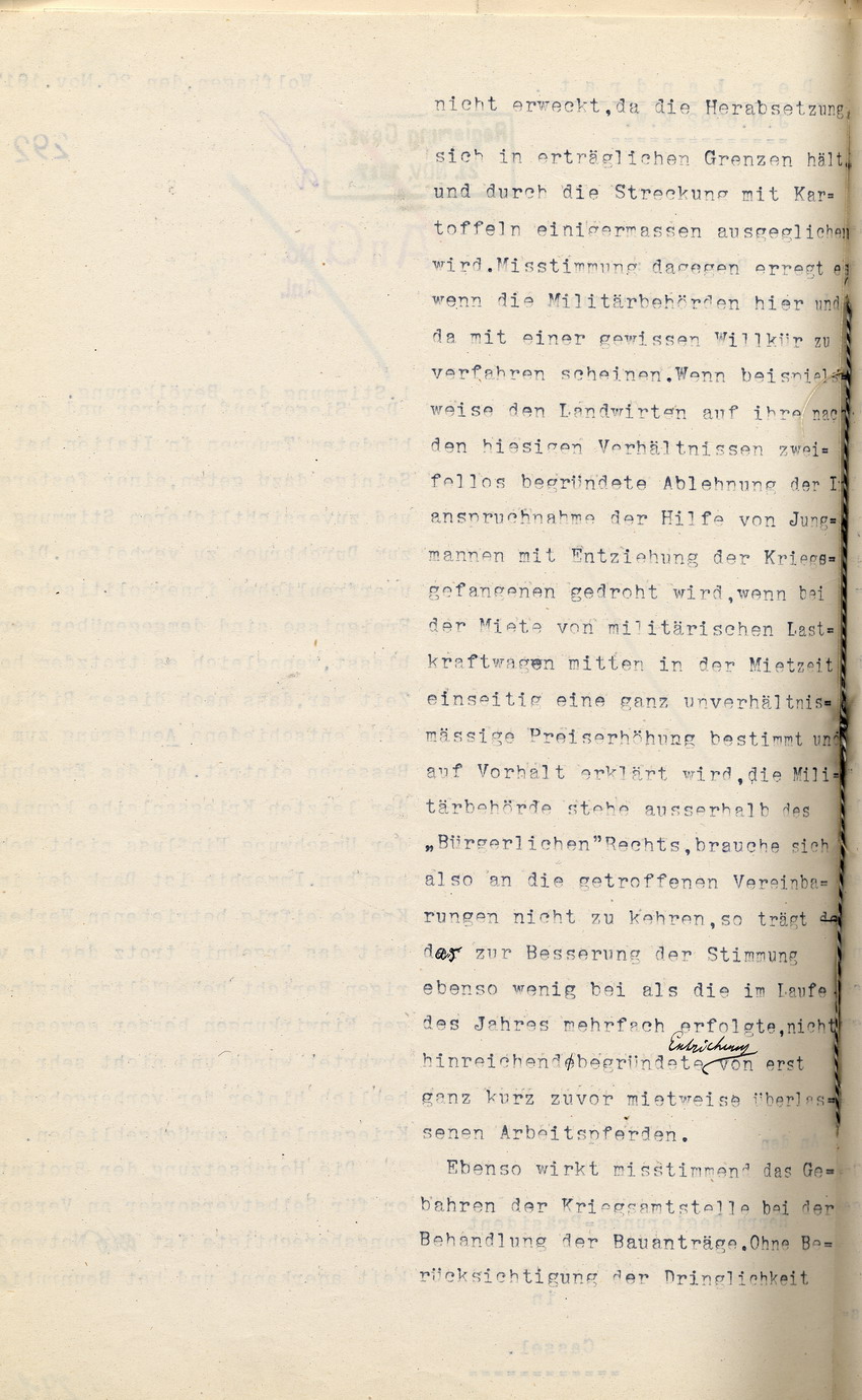 Bericht über die Lebensmittelversorgung des Landrates von Wolfhagen an den Regierungspräsidenten zu Cassel, 20. November 1917.