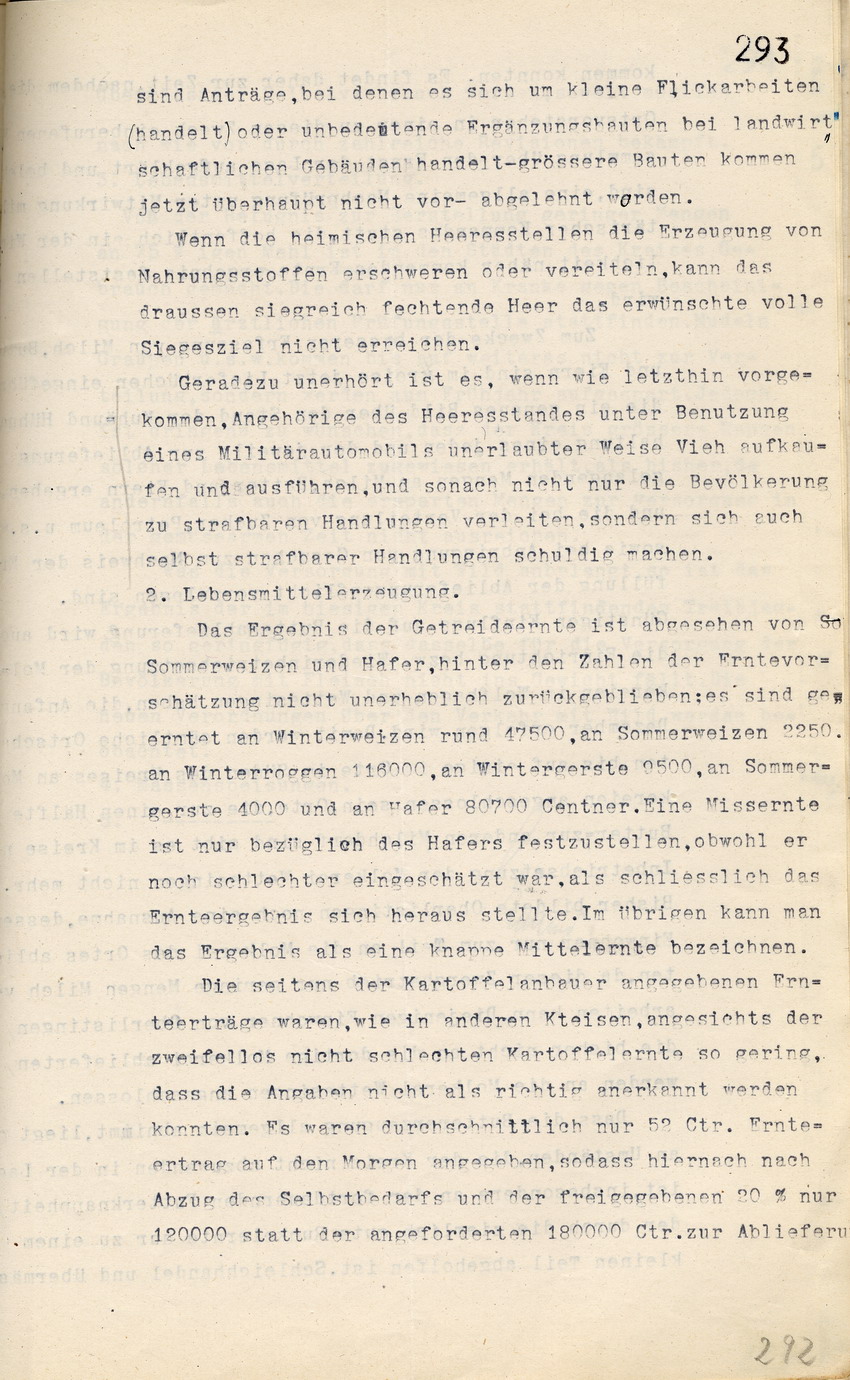 Bericht über die Lebensmittelversorgung des Landrates von Wolfhagen an den Regierungspräsidenten zu Cassel, 20. November 1917.