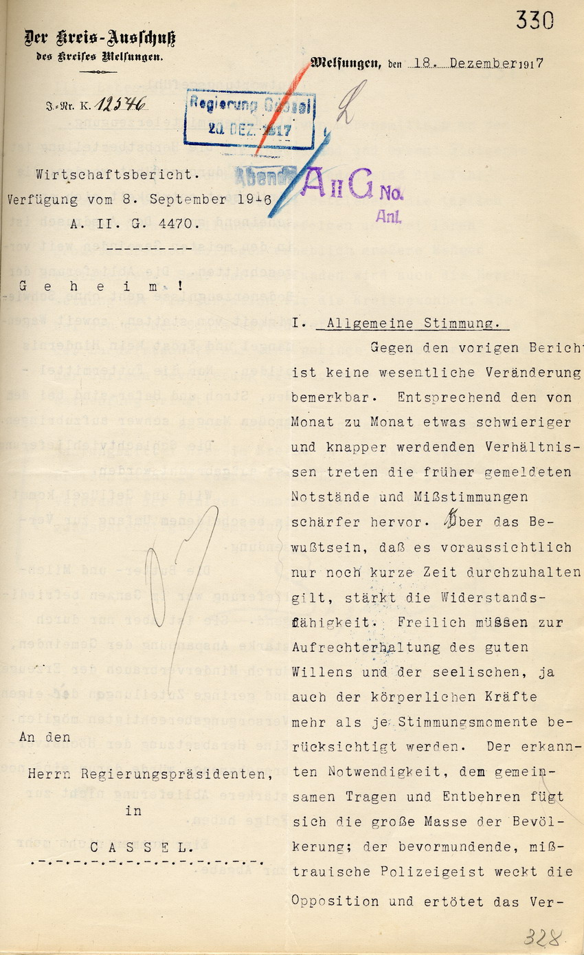 Geheimer Wirtschaftsbericht der Kreis-Ausschußes des Kreises Melsungen an den Regierungspräsidenten zu Cassel, 18. Dezember 1917.