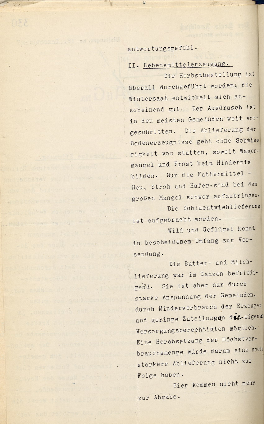 Geheimer Wirtschaftsbericht der Kreis-Ausschußes des Kreises Melsungen an den Regierungspräsidenten zu Cassel, 18. Dezember 1917.