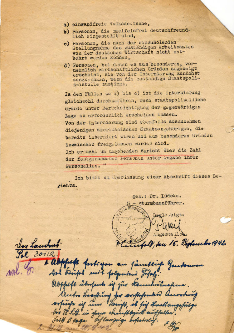Gestapo Kassel an die Landräte des Bezirks:  Internierung der nordamerikanischen Staatsangehörigen
