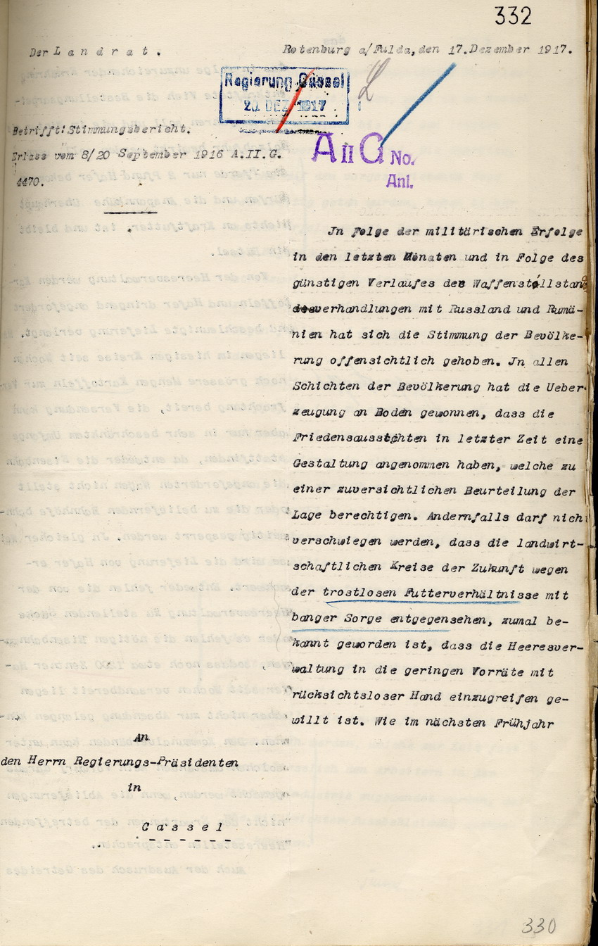 Stimmungsbericht des Landrates von Rottenburg a.d. Fulda an den Regierungspräsidenten zu Cassel, 17. Dezember 1917