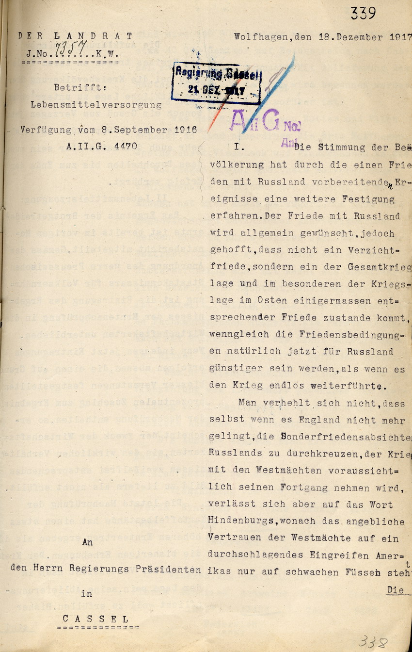 Bericht über die Lebensmittelversorgung des Landrates zu Wolfhagen an den Regierungspräsidenten zu Cassel, 18. Dezember 1917.