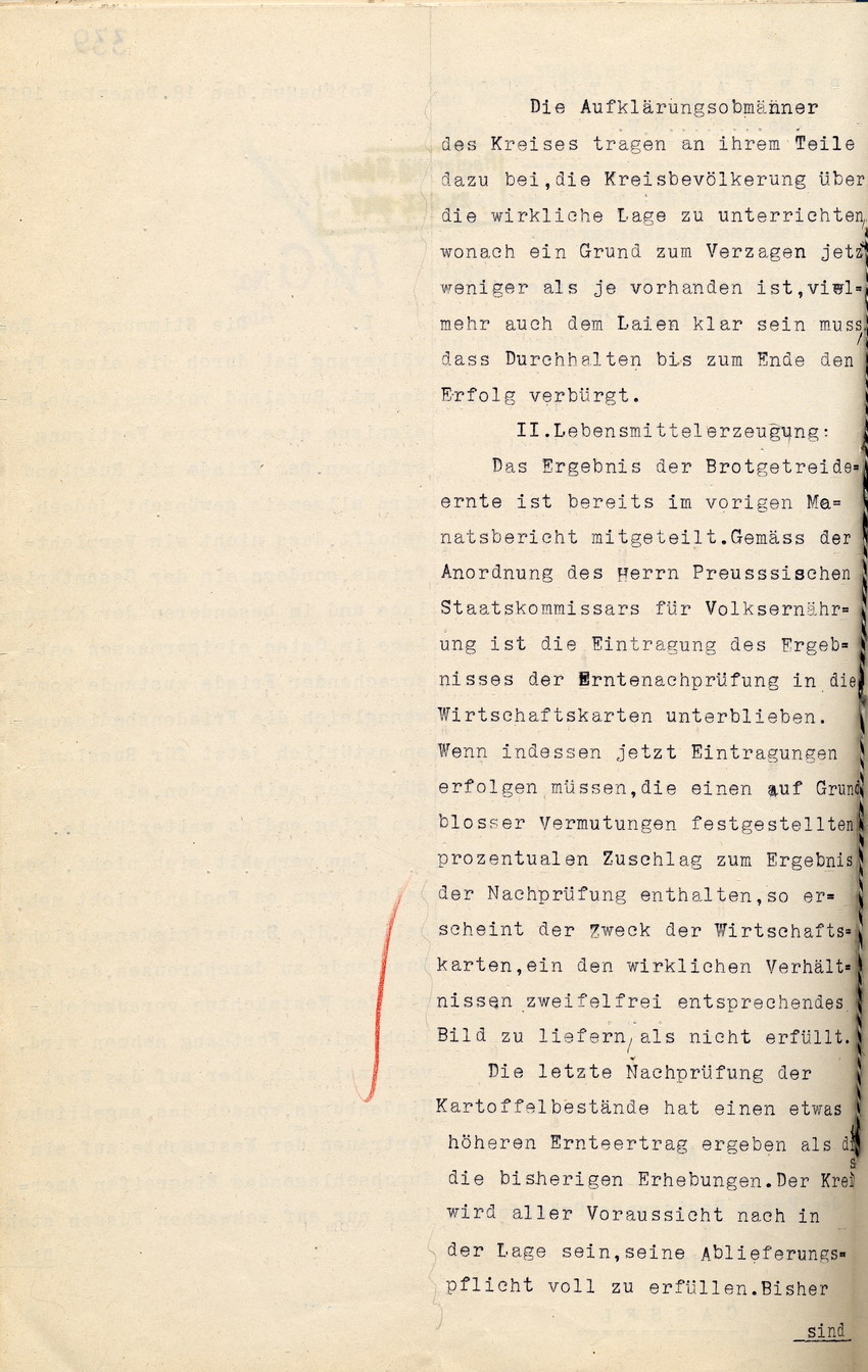Bericht über die Lebensmittelversorgung des Landrates zu Wolfhagen an den Regierungspräsidenten zu Cassel, 18. Dezember 1917.