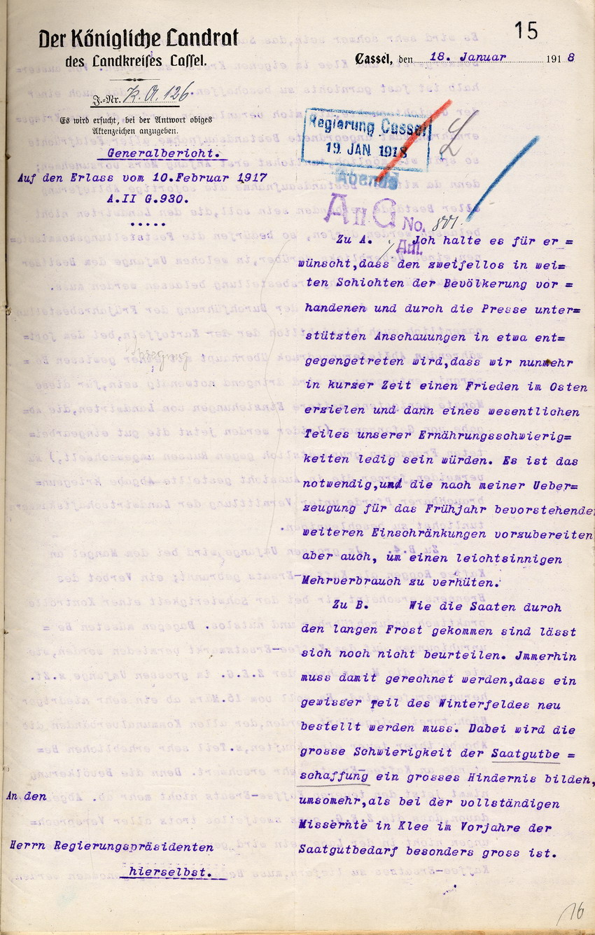 Generalbericht des Kgl. Landrates zu Cassel an den Regierungspräsidenten zu Cassel, 18. Januar 1918.