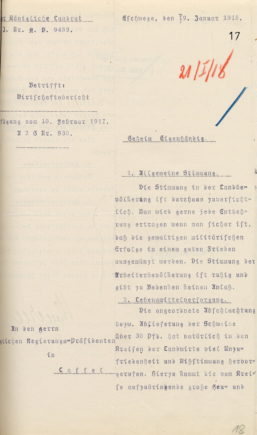 Wirtschaftsbericht des Kgl. Landrates in Eschwege an den Regierungspräsidenten zu Cassel, 19. Januar 1918.