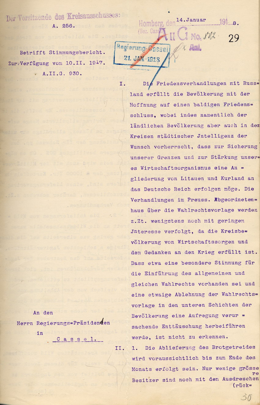 Stimmungsbericht des Vorsitzenden des Kreisausschusses in Homberg an den Regierungspräsidenten zu Cassel, 14. Januar 1918.