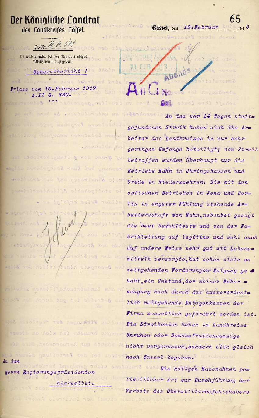 Generalbericht des Landrates von Cassel an den Regierungspräsidenten zu Cassel, 19. Februar 1918.