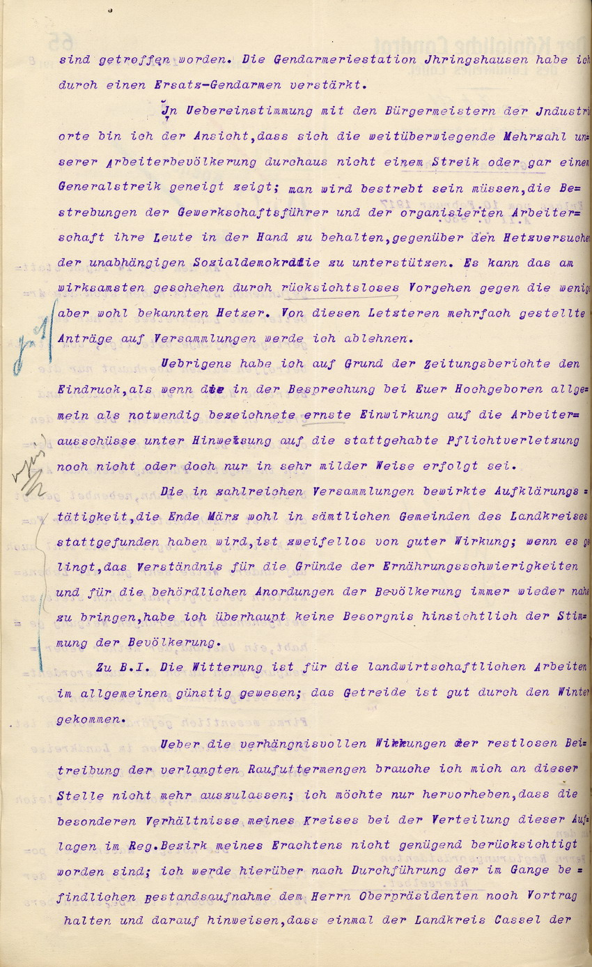 Generalbericht des Landrates von Cassel an den Regierungspräsidenten zu Cassel, 19. Februar 1918.