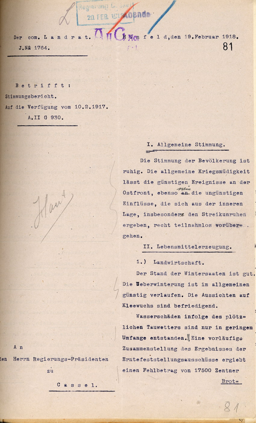 Stimmungsbericht des com. Landrates in Hünfeld an den Regierungspräsidenten zu Cassel, 19. Februar 1918