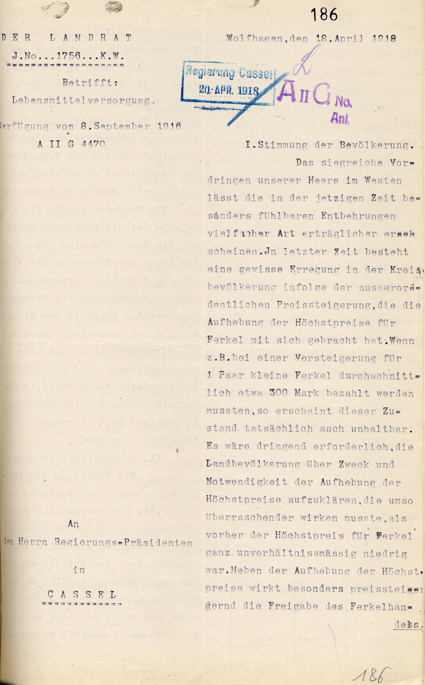 Bericht über die Lebensmittelversorgung des Landrates in Wolfhagen an den Regierungspräsidenten zu Cassel, 18.04.1918.