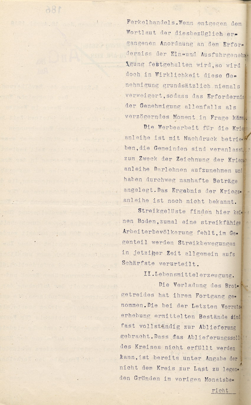 Bericht über die Lebensmittelversorgung des Landrates in Wolfhagen an den Regierungspräsidenten zu Cassel, 18.04.1918.