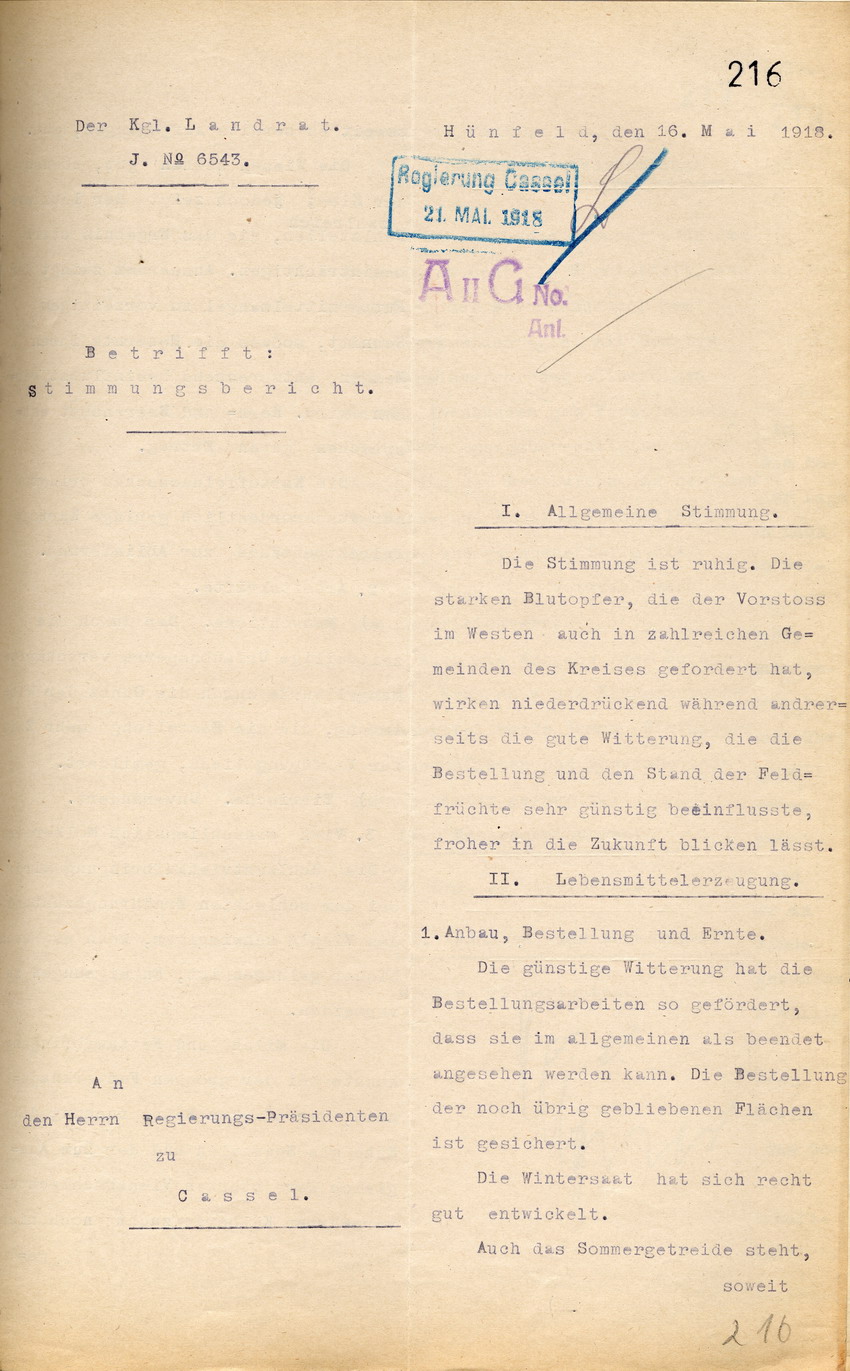 Stimmungsbericht des Kgl. Landrates in Hünfeld an den Regierungspräsidenten zu Cassel, 16. Mai 1918.