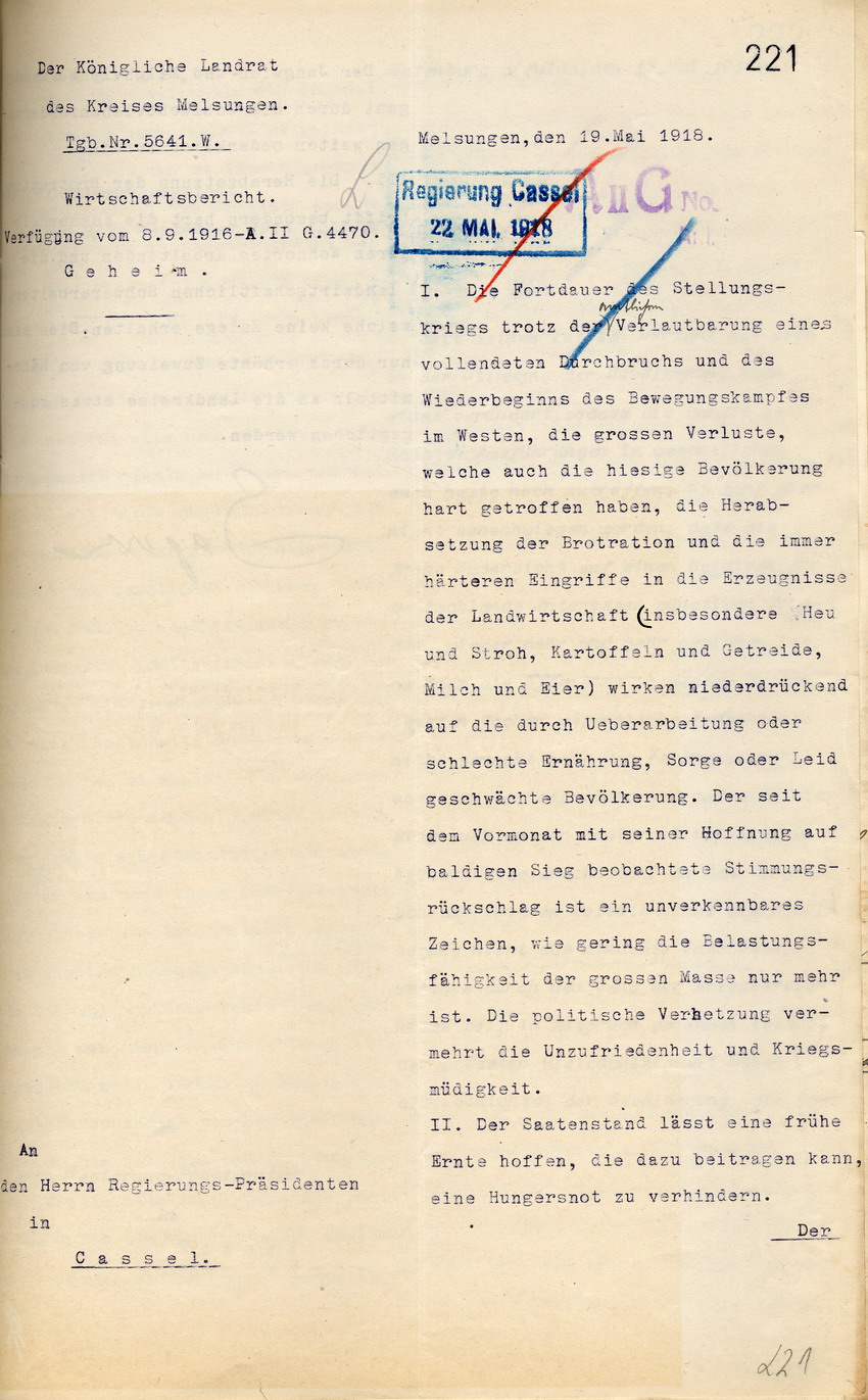 Geheimer Wirtschaftsbericht des Kgl. Landrates in Melsungen an den Regierungspräsidenten zu Cassel, 19. Mai 1918.