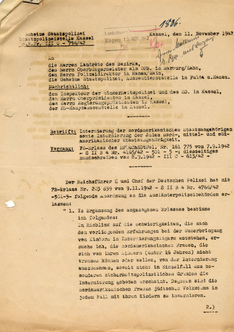 Gestapo Kassel an die Landräte des Bezirks:  Internierung der nordamerikanischen Staatsangehörigen sowie Internierung der Juden nord-, mittel- und südamerikanischer Staatsangehörigkeit