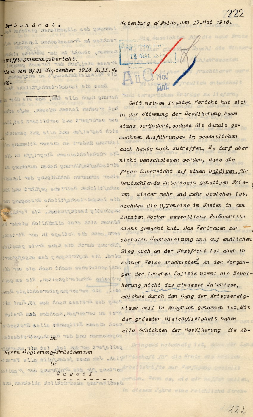 Stimmungsbericht des Landrates von Rottenburg a.d. Fulda an den Regierungspräsidenten zu Cassel, 17. Mai 1918.