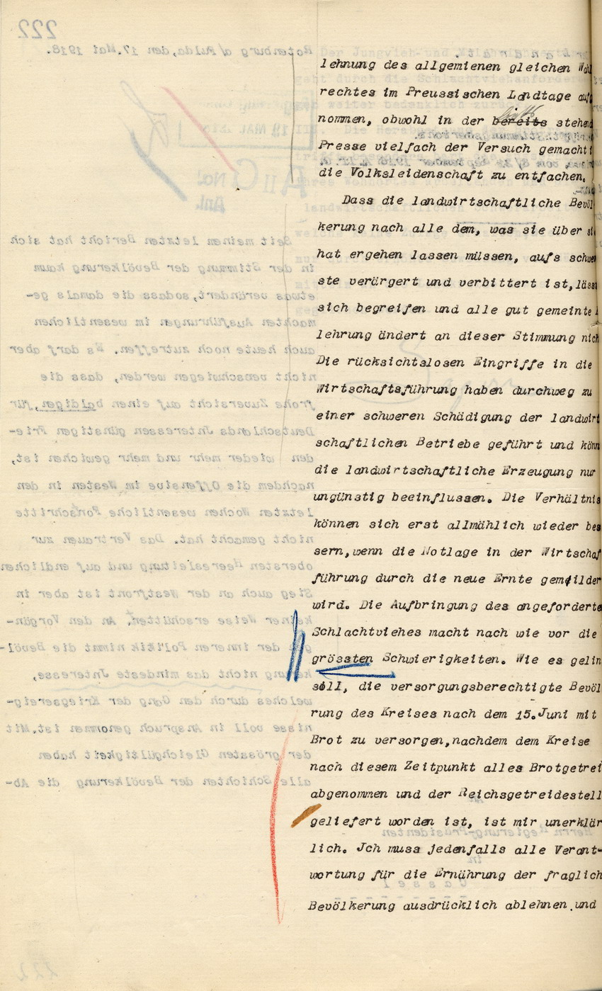 Stimmungsbericht des Landrates von Rottenburg a.d. Fulda an den Regierungspräsidenten zu Cassel, 17. Mai 1918.
