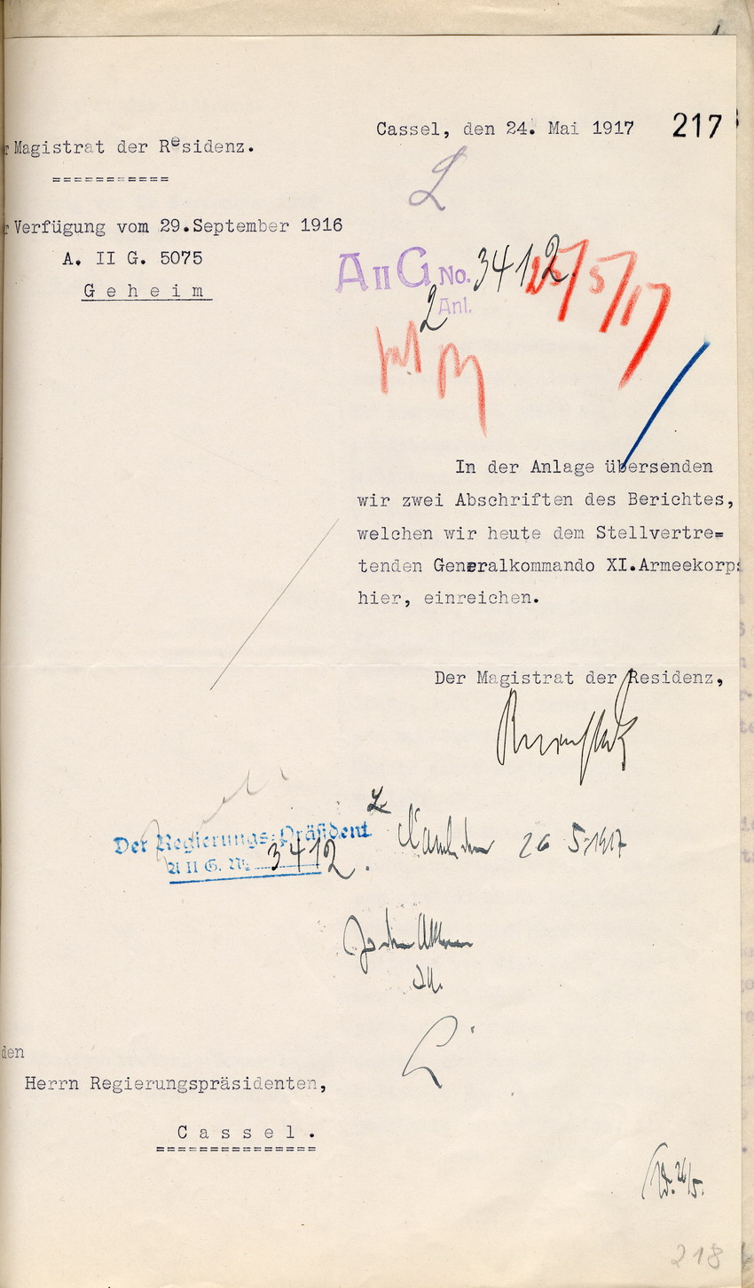 Der Magistrat der Residenz an den Regierungspräsidenten zu Cassel, 24. Mai 1917.