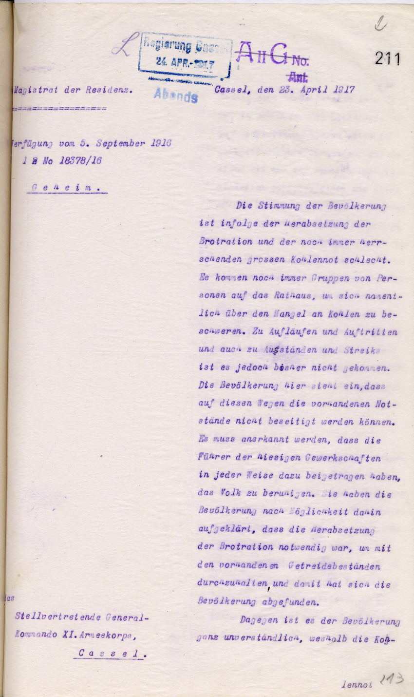 Der Magistrat der Residenz an das Stellvertretende Generalkommando XI. Armeekorps Cassel, 23.April 1917.