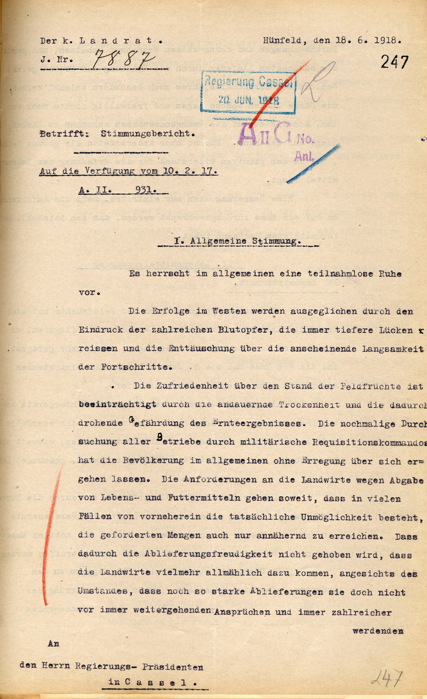 Stimmungsbericht des Kgl. Landrates in Hünfeld an den Regierungspräsidenten zu Cassel, 18. Juni 1918.
