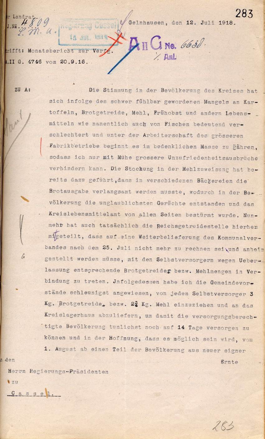Monatsbericht des Landrates in Gelnhausen an den Regierungspräsidenten zu Cassel, 12. Juli 1918.