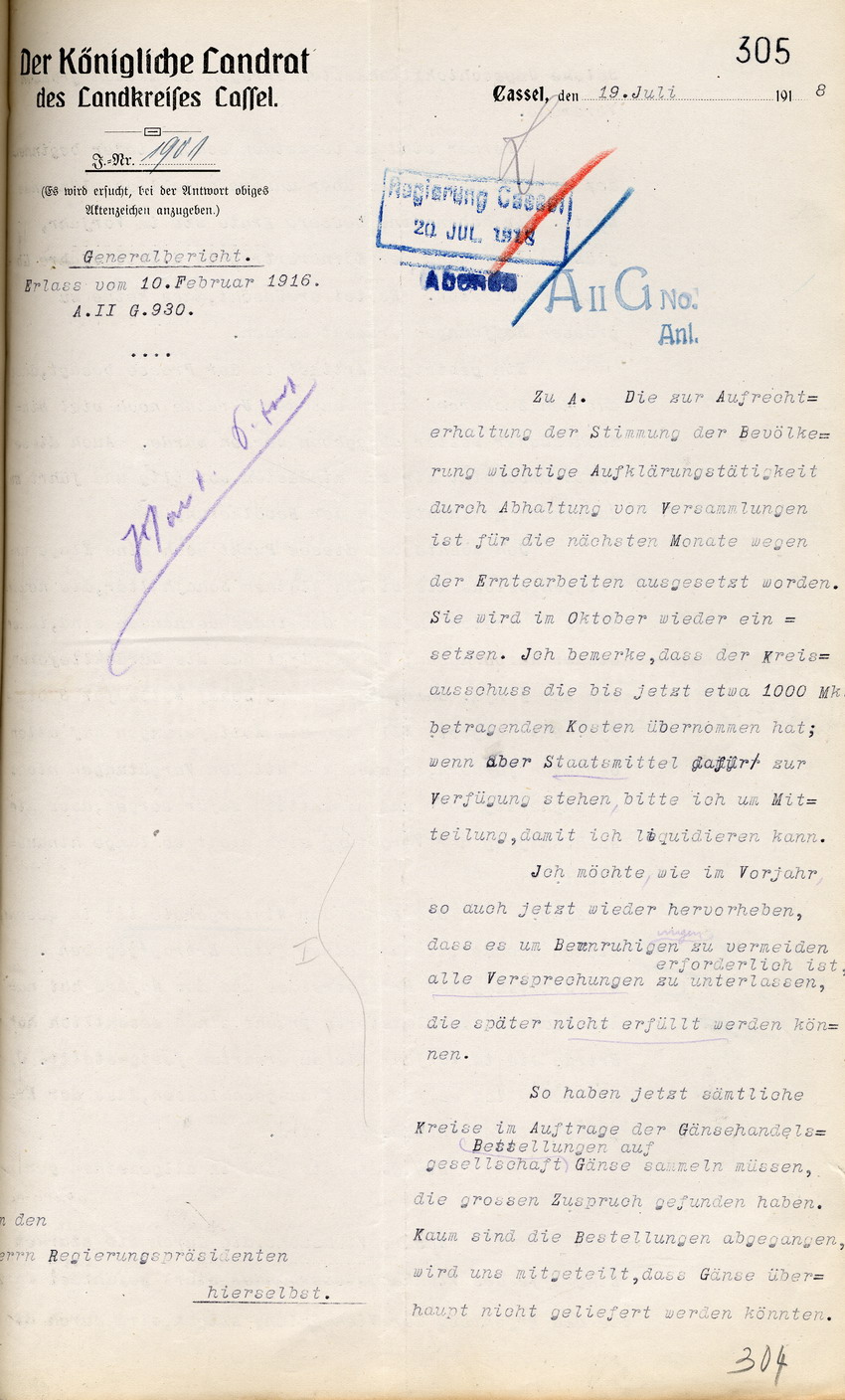 Generalbericht des Kgl. Landrates in Cassel an den Regierungspräsidenten zu Cassel, 19. Juli 1918.