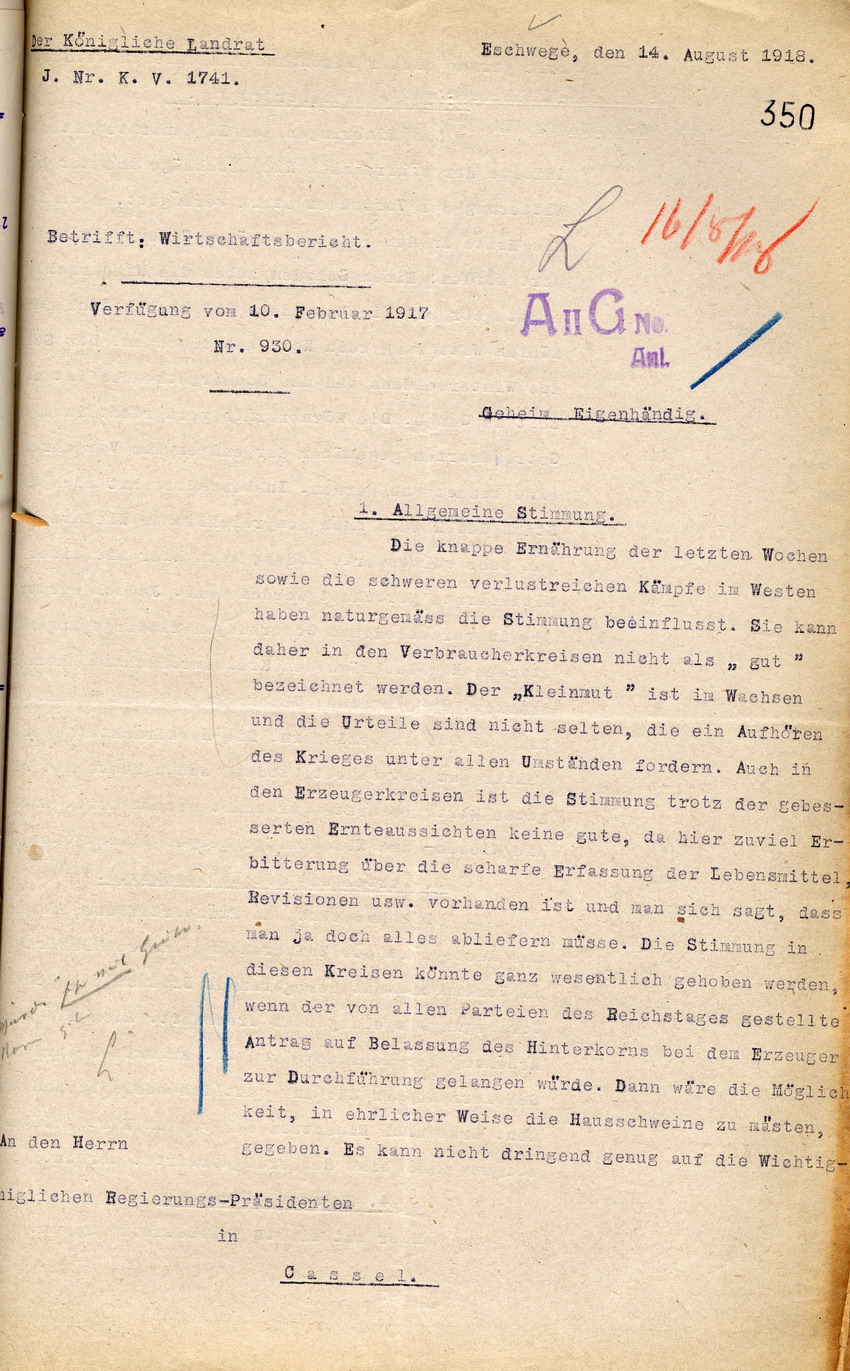 Geheimer Wirtschaftsbericht des Kgl. Landrates in Eschwege an den Regierungspräsidenten zu Cassel, 14. August 1918.