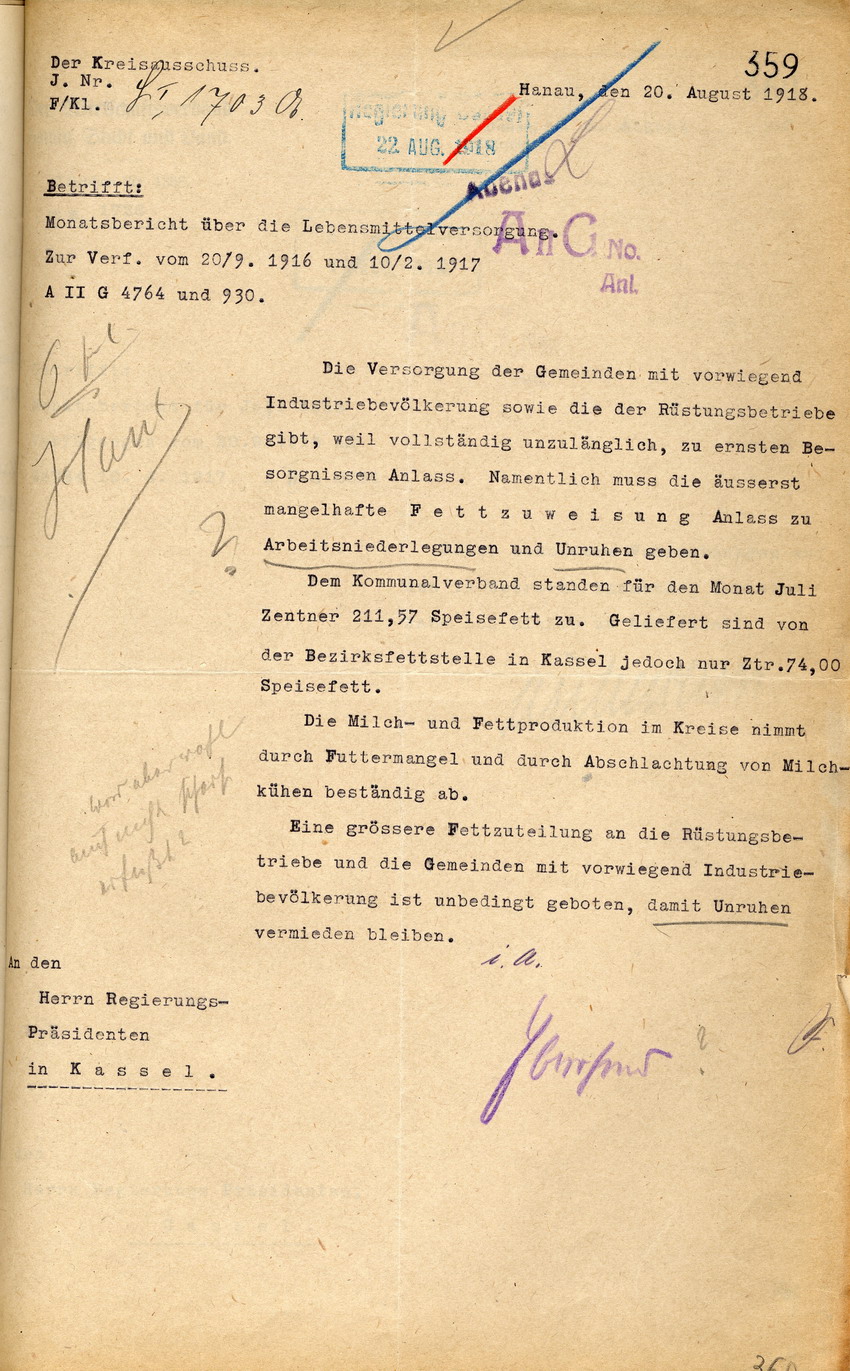 Monatsbericht über die Lebensmittelversorgung des Kreisausschusses in Hanau an den Regierungspräsidenten in Cassel, 20. August 1918.