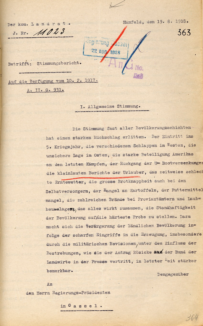 Stimmungsbericht des Vorsitzenden des Keisausschusses Homberg an der Regierungspräsidenten zu Cassel, 19. August 1918.